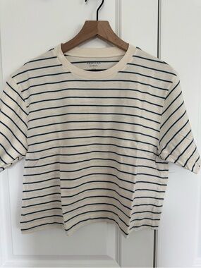 American Eagle Outfitters Cream and Navy Striped Short Sleeve Tee